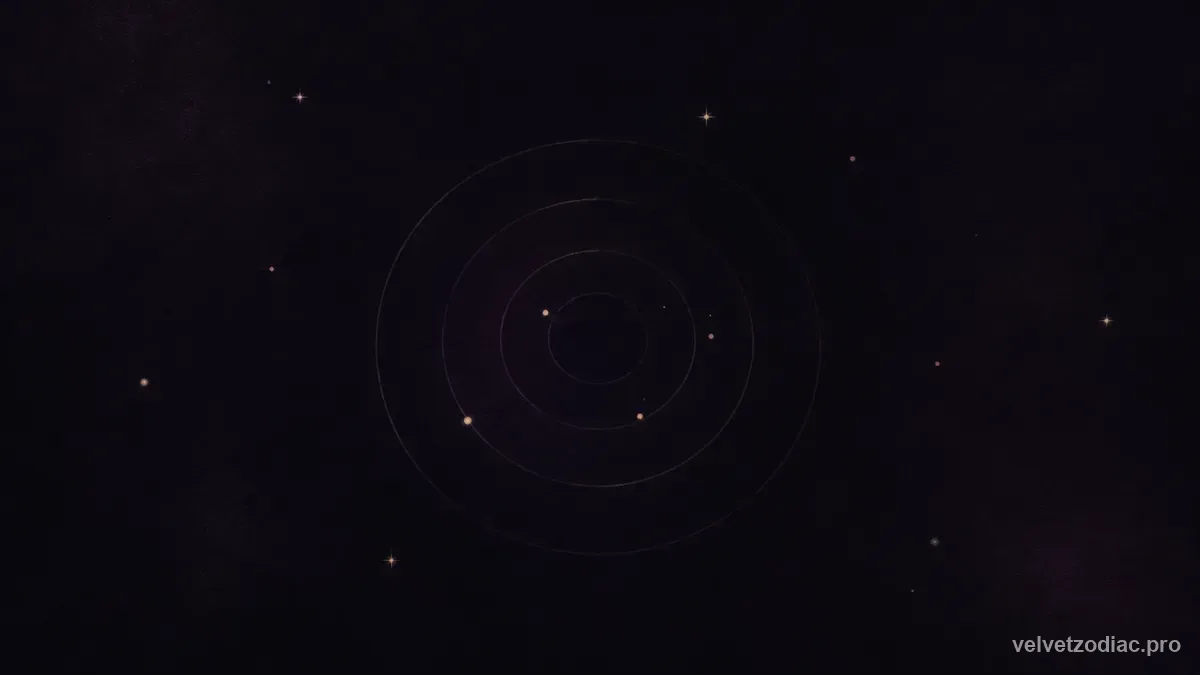 Faint concentric target rings on near-black with a loose scatter of soft glowing marks, none on the centre, in Velvet Zodiac's dark violet celestial style