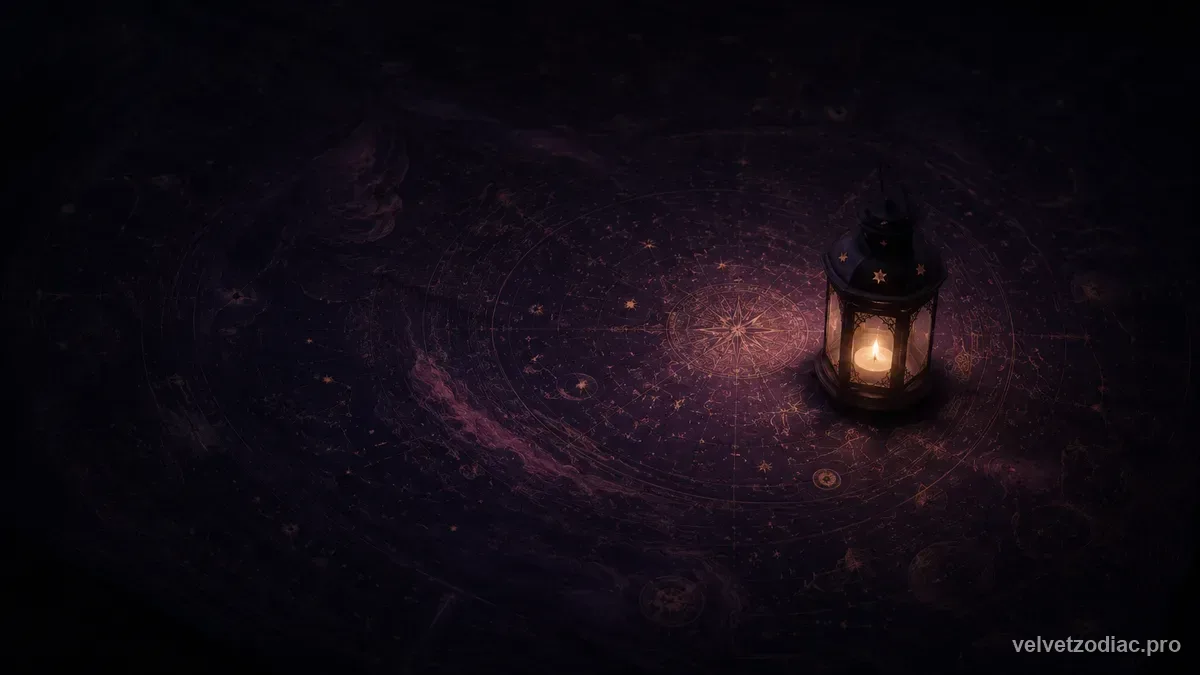 A single low lantern lighting only a small circle of a vast dark star-map that fades to black at every edge, in Velvet Zodiac's dark violet celestial style