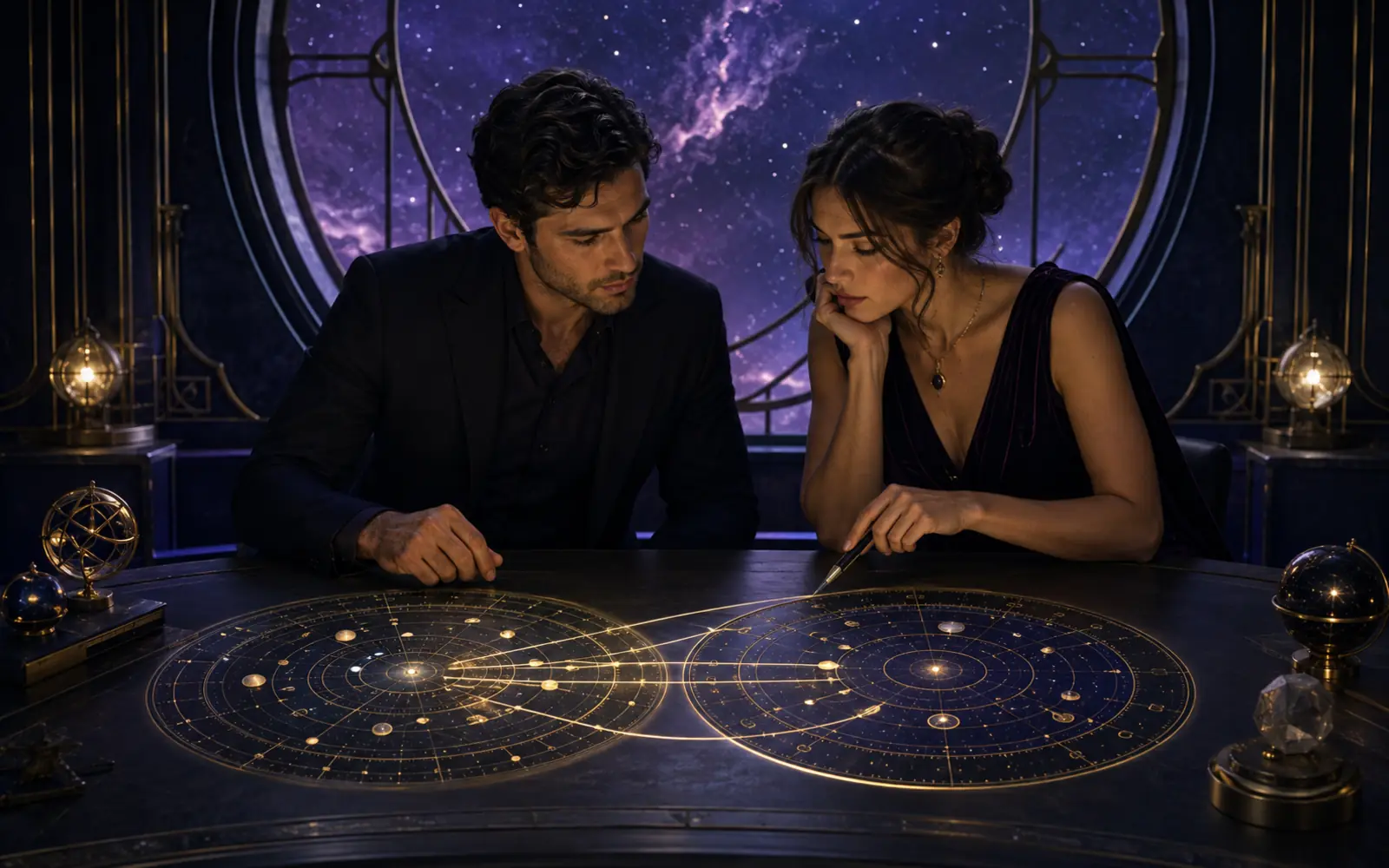 Two adults comparing illuminated natal charts together at a violet night observatory