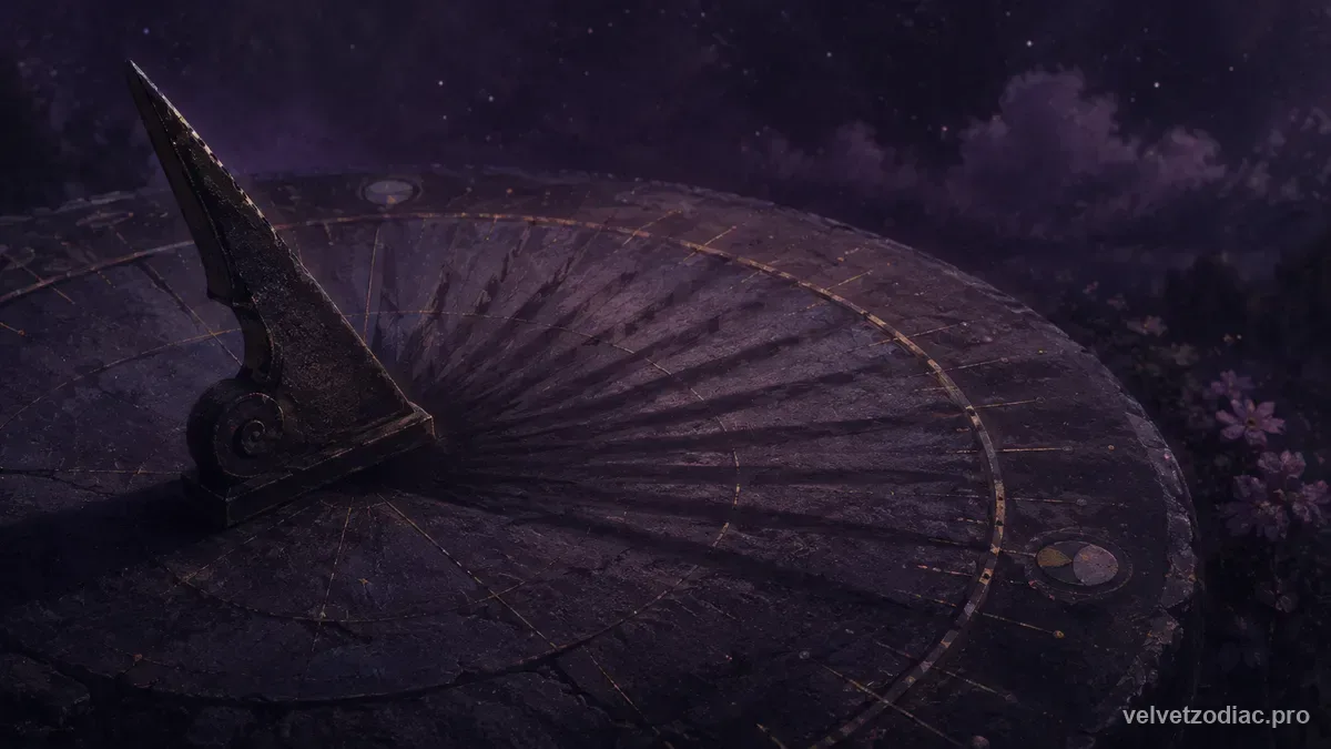 A weathered stone sundial at night whose shadow sweeps a wide arc across many rim marks, in Velvet Zodiac's dark violet celestial style