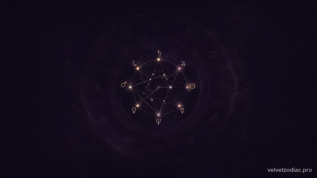 A chart wheel floating in near-black whose outer house ring has faded away while the inner cluster of planet points still glows, in Velvet Zodiac's dark violet celestial style