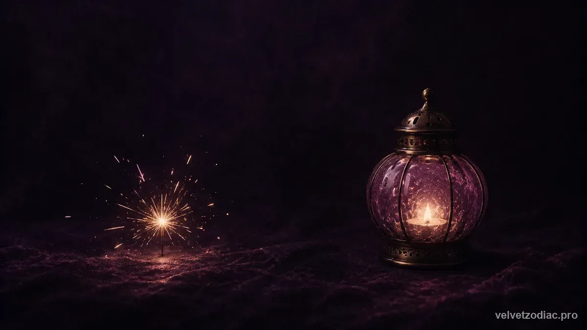 A small bright spark on the left and a low steady violet lamp on the right at equal size on a dark ground, in Velvet Zodiac's dark violet celestial style