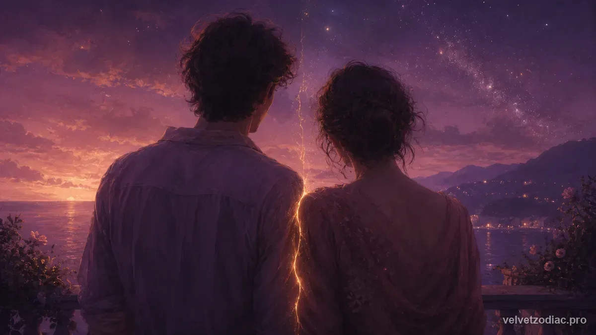 Two figures standing side by side facing away with a fine healed golden seam of light running vertically between them, in Velvet Zodiac's violet celestial style