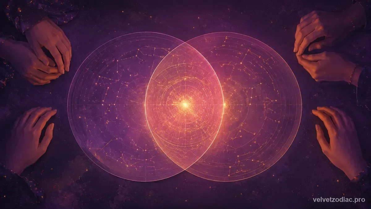 Two overlapping circular astrological charts resolving into one calm third circle, in Velvet Zodiac's violet celestial style