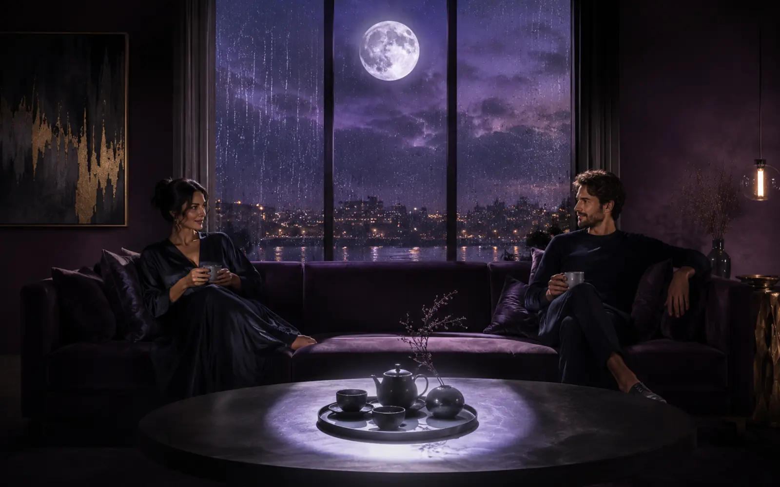 Two adults sharing a quiet moment on a plum velvet sofa under a moonlit rainy window