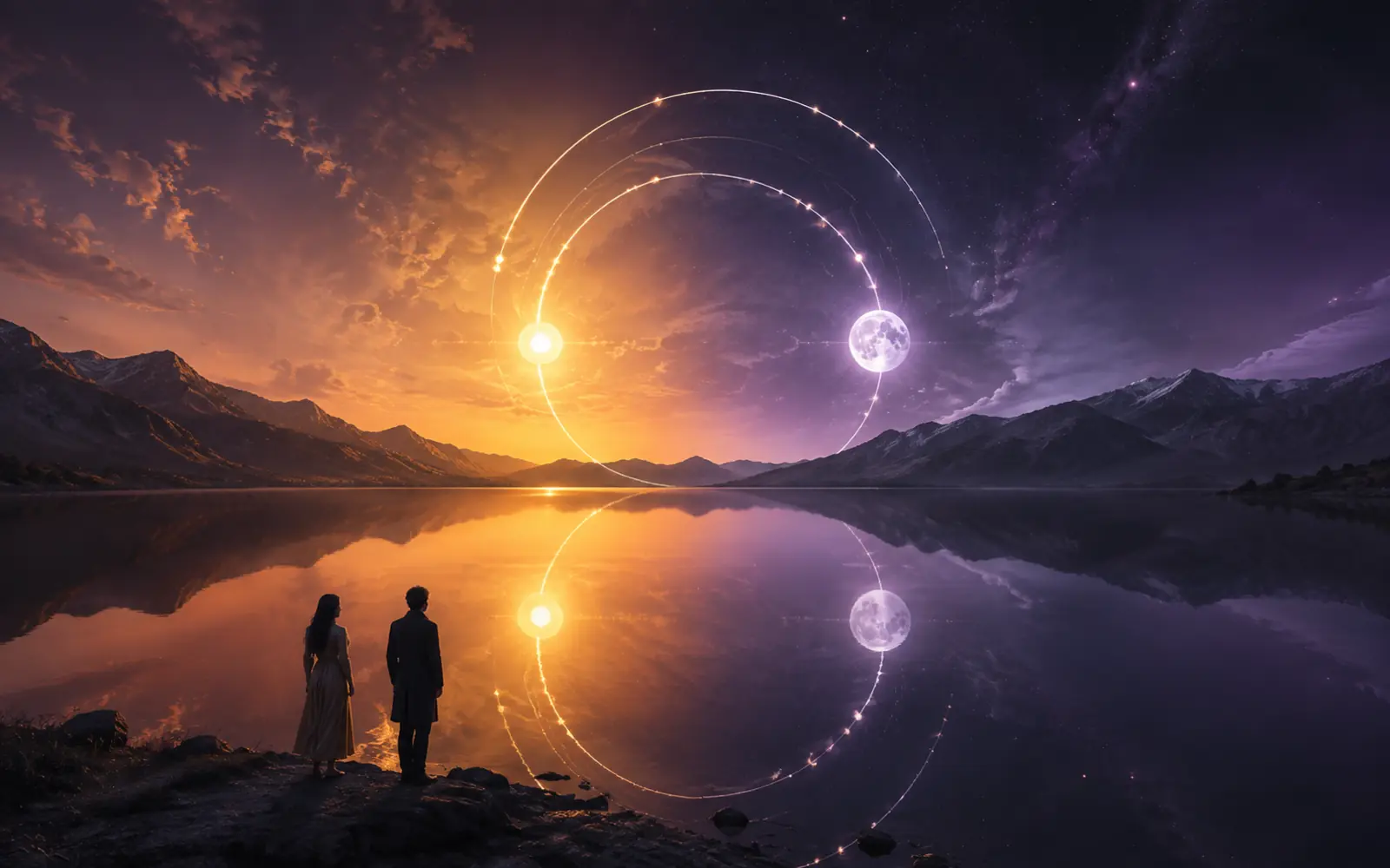 Sunrise and moonlight connected by orbital arcs above a calm mountain lake