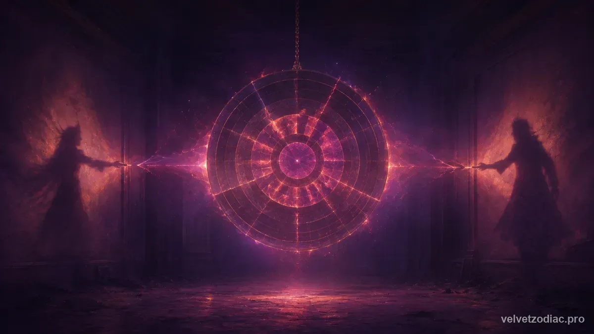 A single glowing composite chart-wheel crossed by fine fracture lines, pulled between two shadowed figures, in Velvet Zodiac's violet celestial style