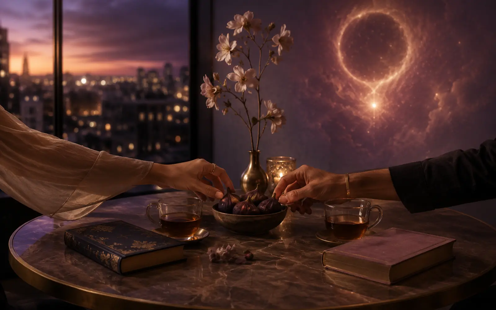 Two hands sharing figs across a refined table with books, tea, flowers, and a subtle Venus glow