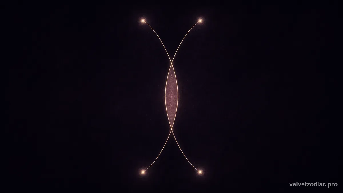 Two mirrored golden arcs crossing between four dim points to enclose a faint vertical almond of rose light on near-black, in Velvet Zodiac's dark violet celestial style
