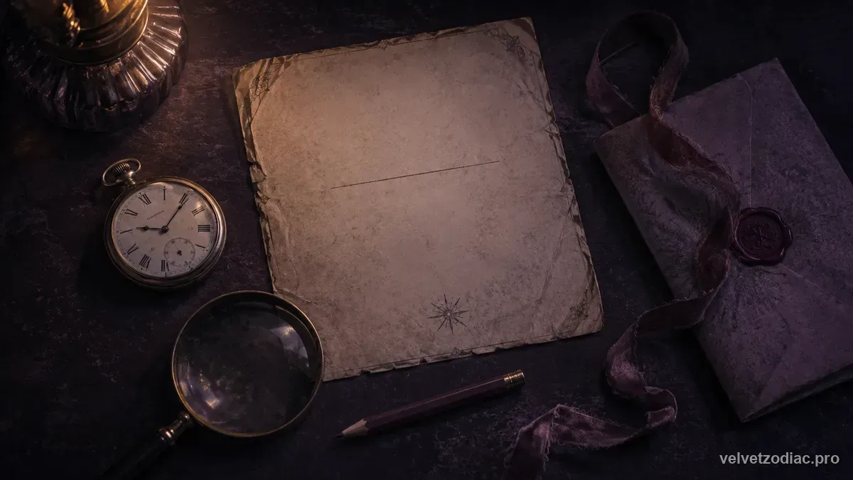 A top-down flat lay on a dark desk: aged document with a blank line, pocket watch, magnifier, pencil, sealed letter and ribbon under low lamplight, in Velvet Zodiac's dark violet celestial style