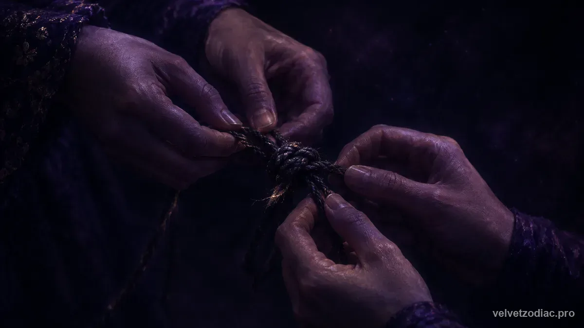 Four hands together patiently loosening a tight knot in a dark cord, a few gold fibres catching light, in Velvet Zodiac's dark violet celestial style