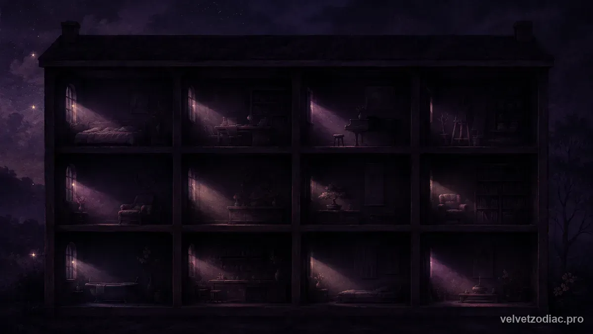 A dark cutaway house of twelve small rooms with soft points of light entering the outer windows and lighting individual rooms, in Velvet Zodiac's dark violet celestial style