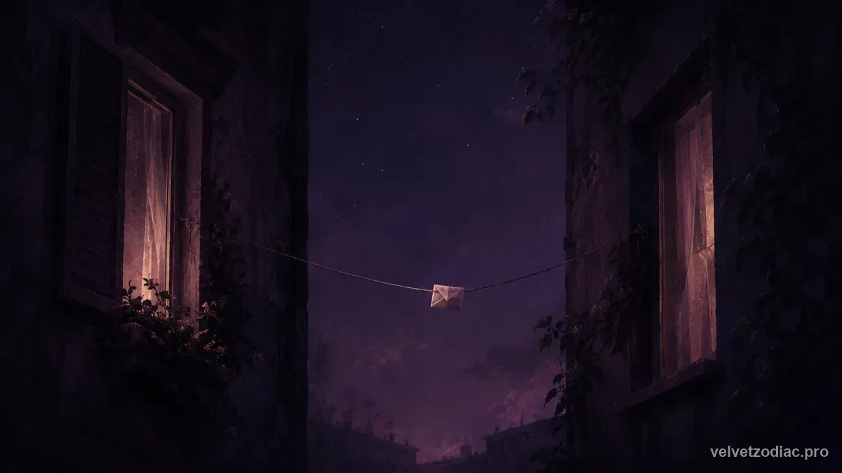 A slack string between two faintly lit facing windows at night with a small folded paper note riding it midway, in Velvet Zodiac's dark violet celestial style