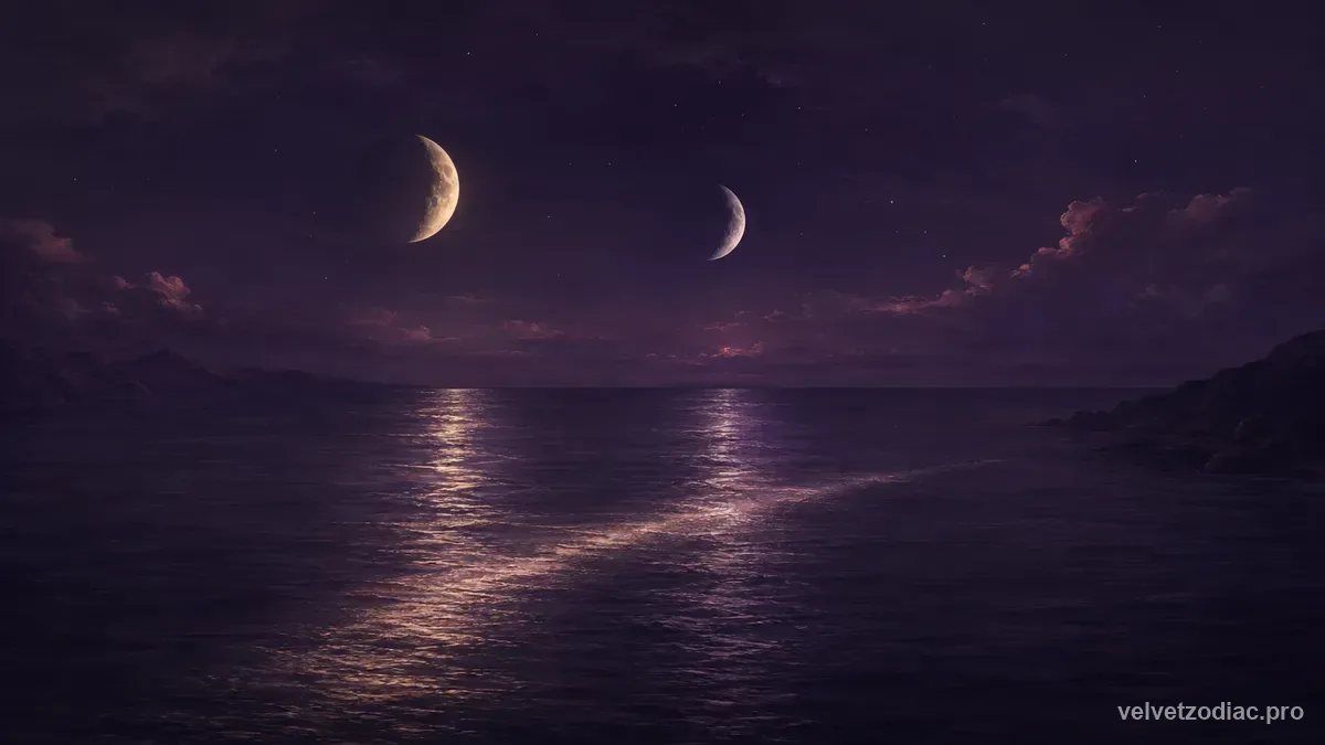 Two moons at slightly different phases low over a still dark sea, their pale light-trails overlapping in one brighter lane, in Velvet Zodiac's dark violet celestial style