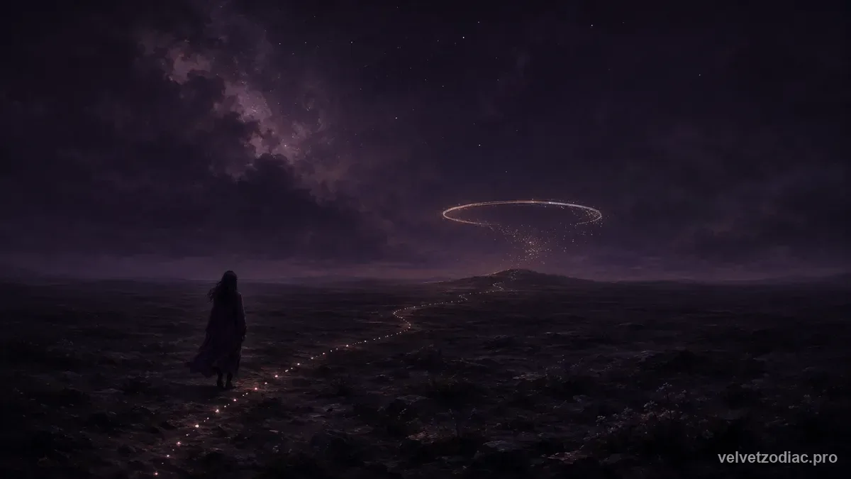 A lone figure walking a glowing dotted trail across a dark plain toward a dim fraying halo ring near the horizon, in Velvet Zodiac's dark violet celestial style