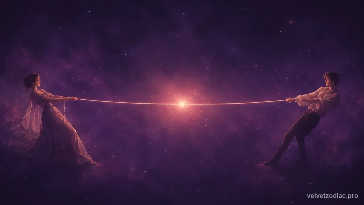 Two figures leaning back against a single taut luminous line across a violet void with a rose glow at its midpoint, in Velvet Zodiac's violet celestial style
