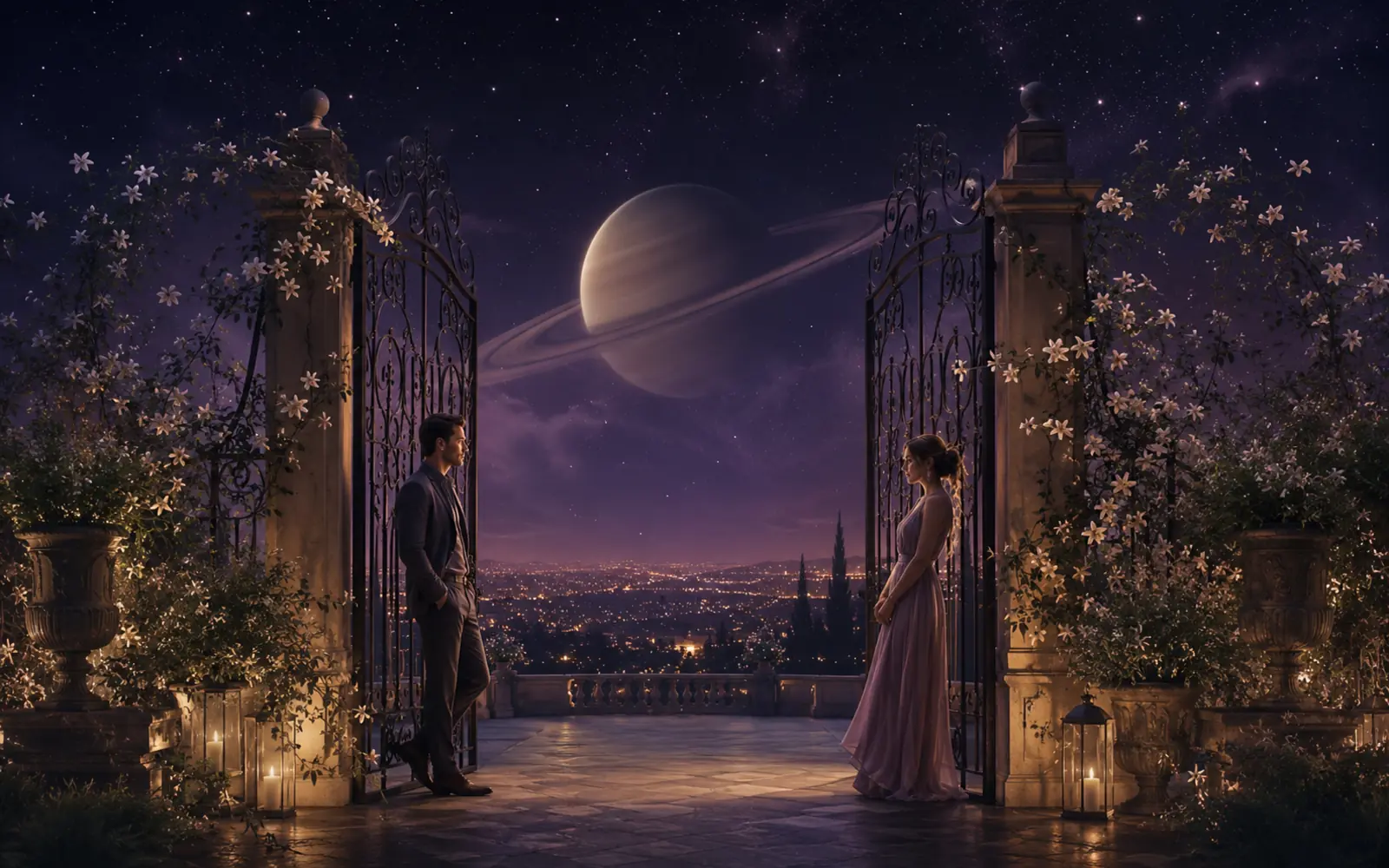 Two adults at an open garden gate beneath a ringed Saturn in a violet night sky