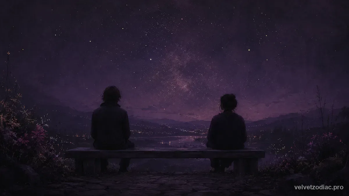Two silhouetted figures sitting apart on a low bench, both facing away and looking at the same violet night sky, in Velvet Zodiac's dark violet celestial style