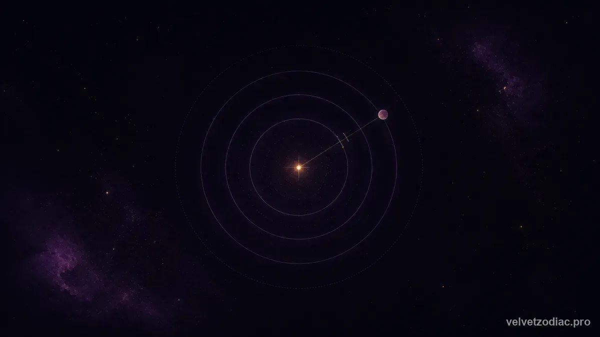 Concentric indigo tolerance rings around one exact point with a planet marked a measured gap away, in Velvet Zodiac's dark violet celestial style