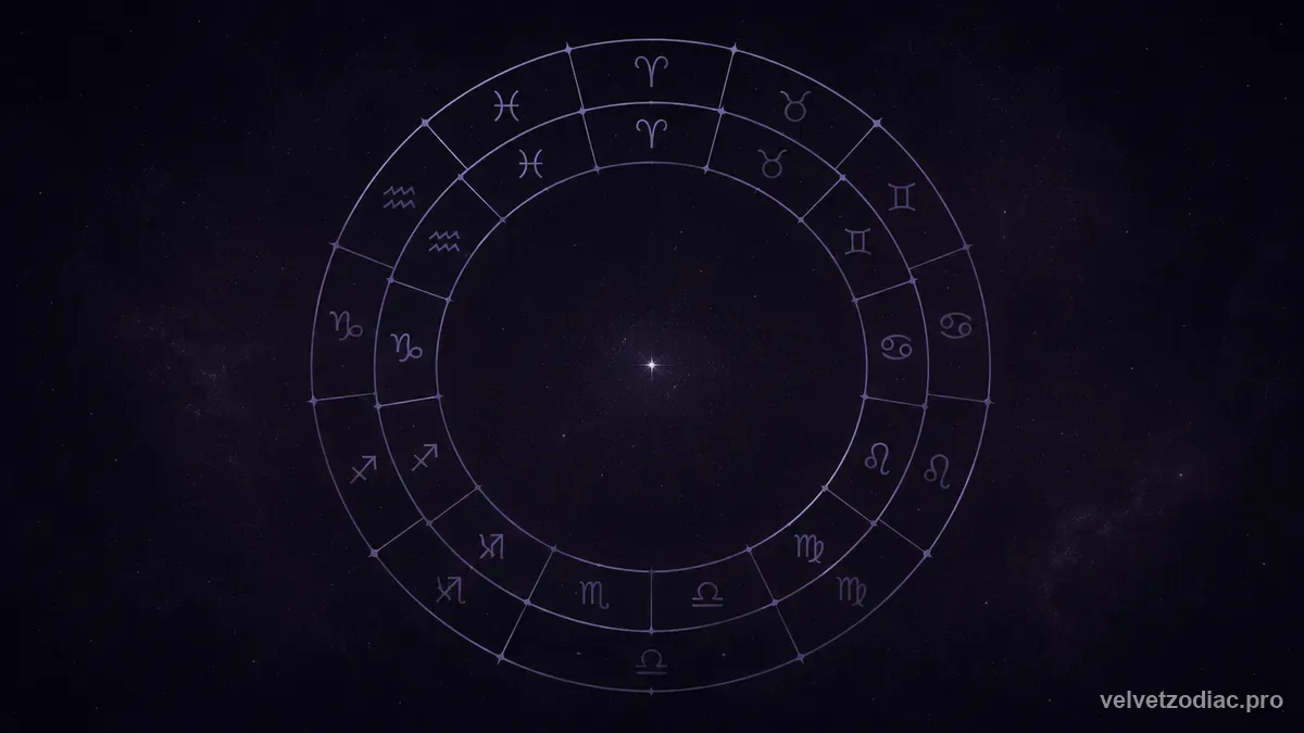Two identical thin zodiac ring outlines drawn on one centre but rotated apart so every mark doubles, one star behind them, in Velvet Zodiac's dark violet celestial style