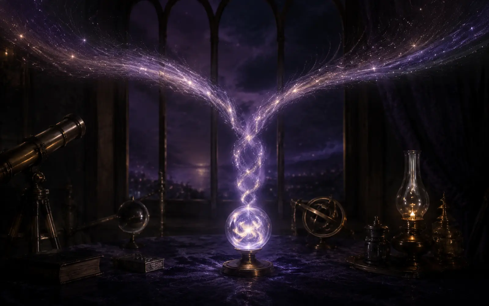Two separate streams of starlight merging into one luminous glass orb in a dark celestial observatory, illustrating a composite chart as a shared midpoint pattern
