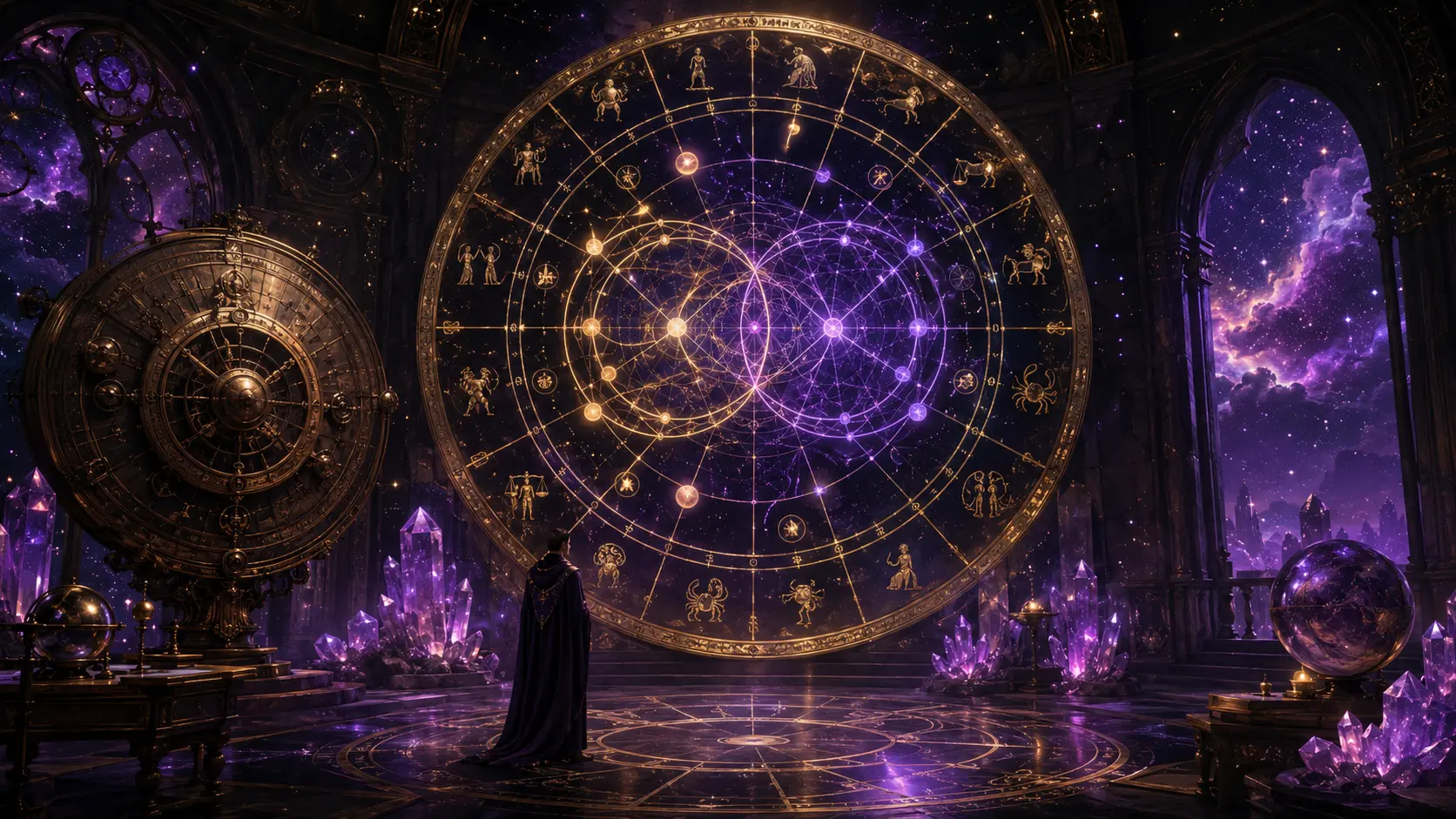 An enchanted violet observatory with a radiant twelve-house astrology wheel, antique clock, crystals, and star-filled night sky