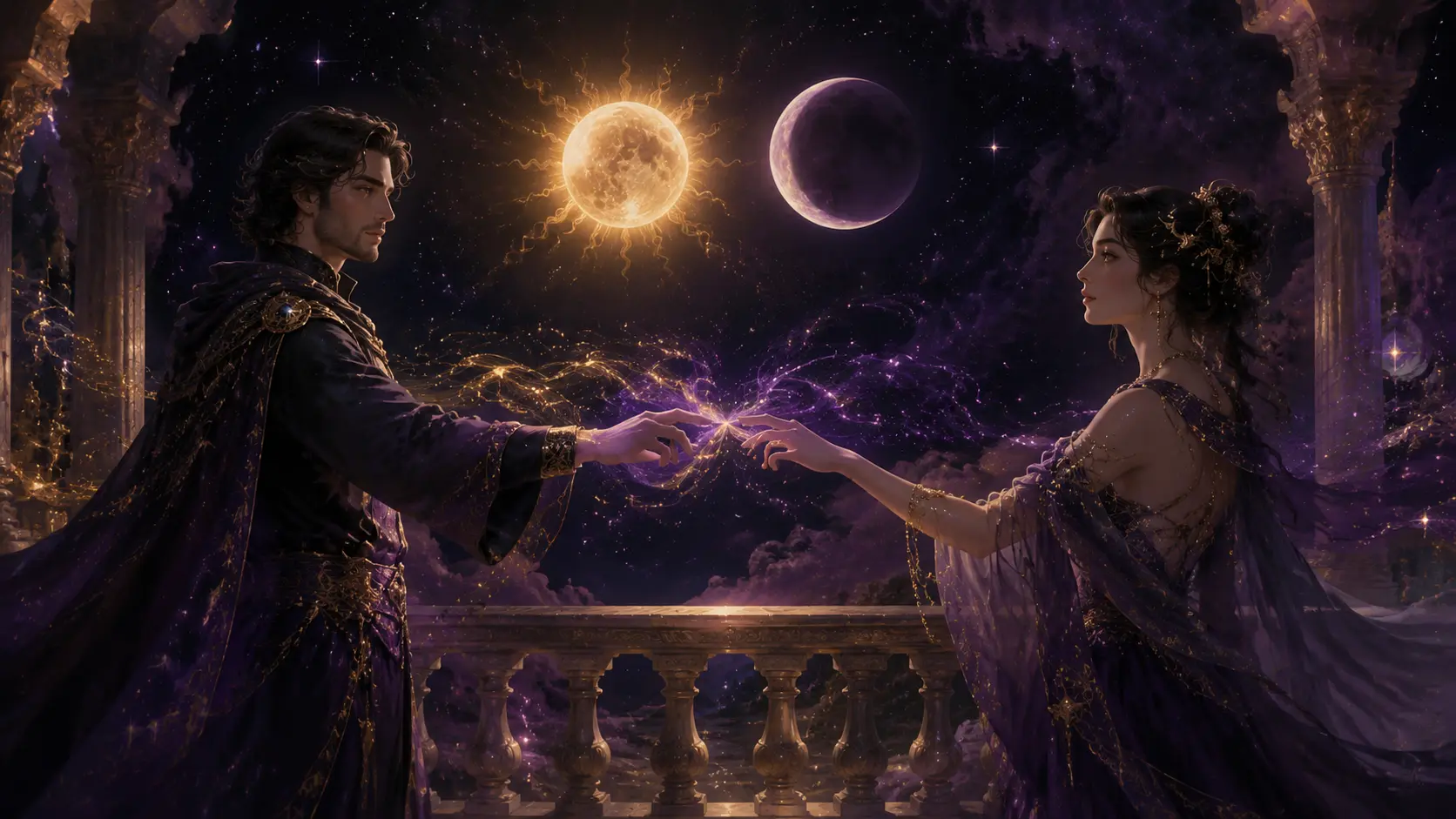 Two adult celestial figures on a moonlit balcony with a glowing Sun, crescent Moon, and purple-gold starlight flowing between them