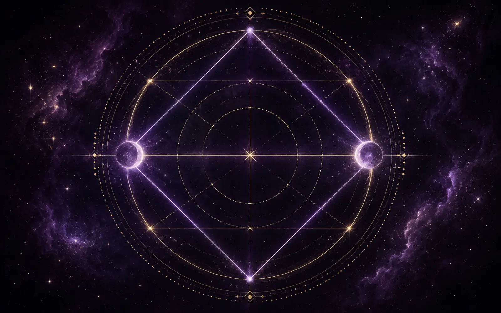 Luminous violet and gold geometry showing major angular relationships between chart points