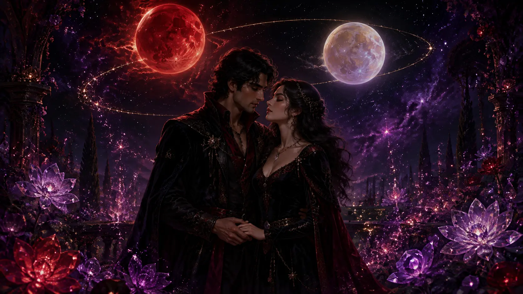 Two adult fantasy lovers in a violet cosmic garden below glowing Venus and Mars, surrounded by crystals and red-violet sparks