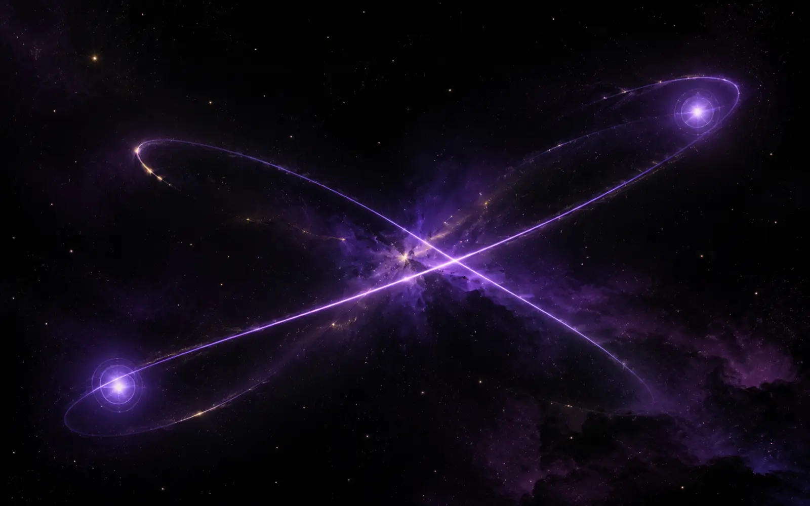 Two luminous violet orbits crossing through a dark star field with a small point of tension at their center