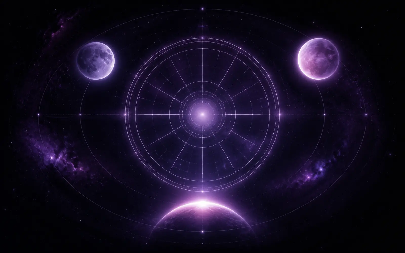 A luminous violet birth-chart wheel surrounded by three glowing celestial spheres