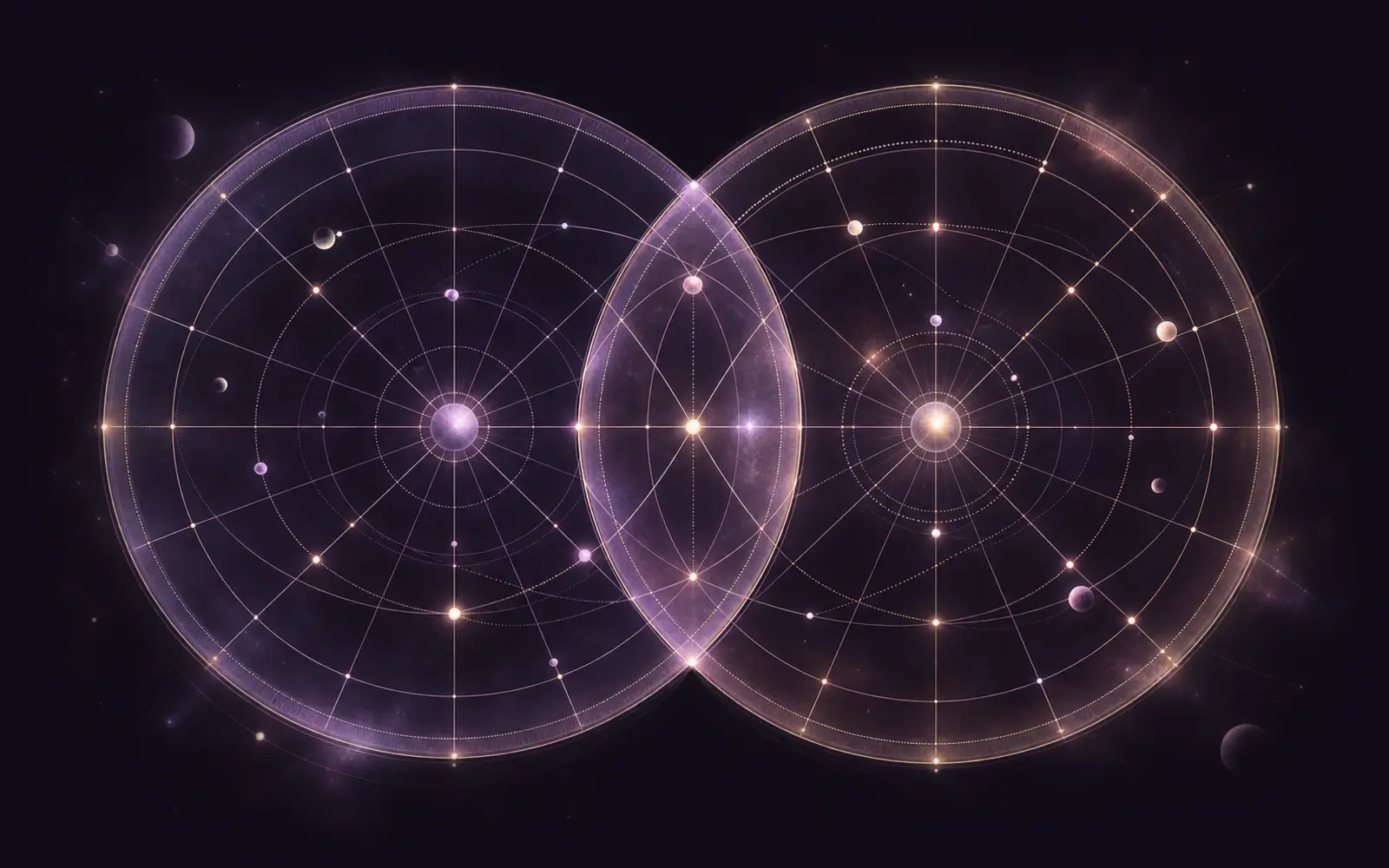 A violet birth-chart wheel with fine orbit lines glowing in deep space