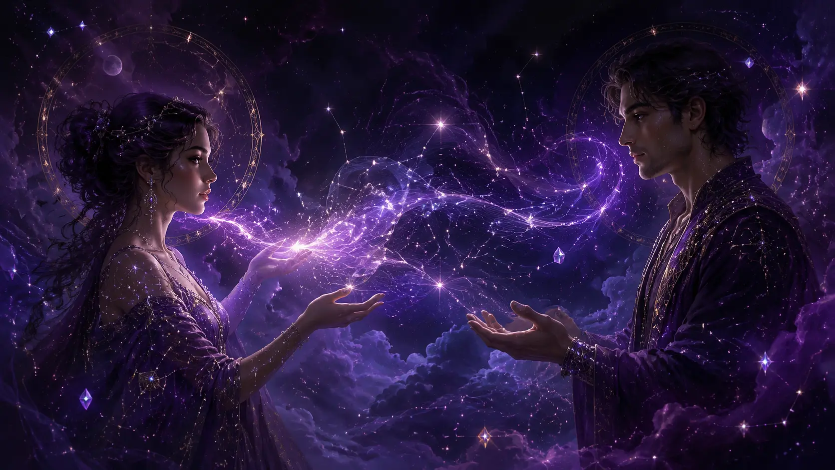 Two elegant fantasy figures facing one another as violet light ribbons, tiny stars, and constellation marks swirl between them