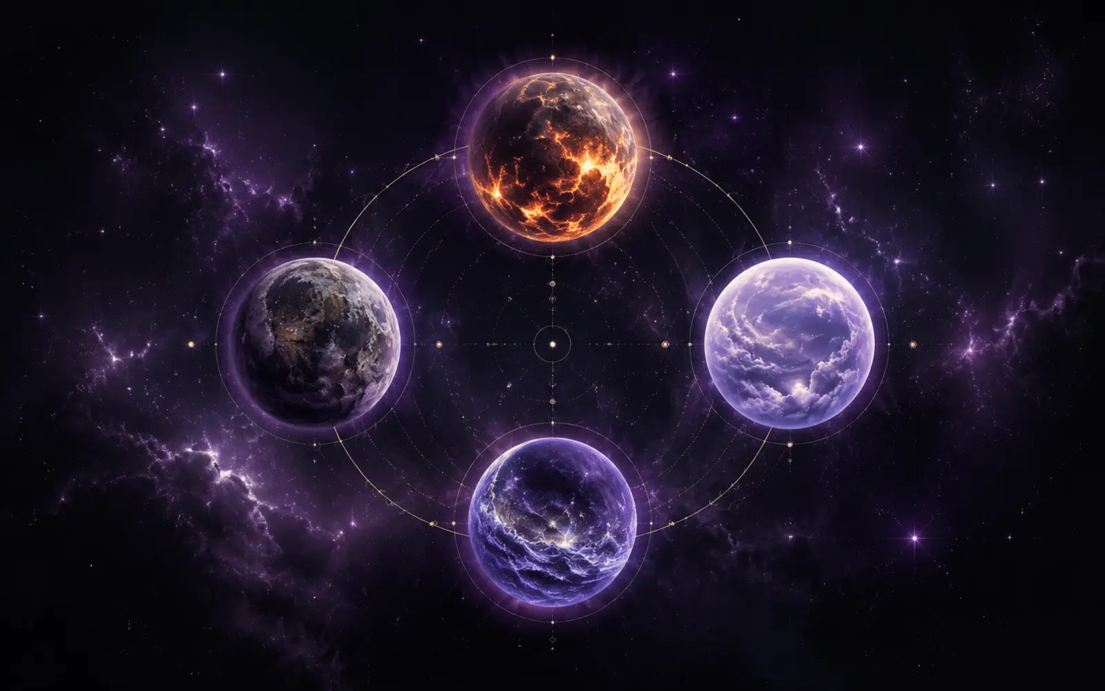 Four luminous celestial spheres arranged in a violet and midnight-blue star field