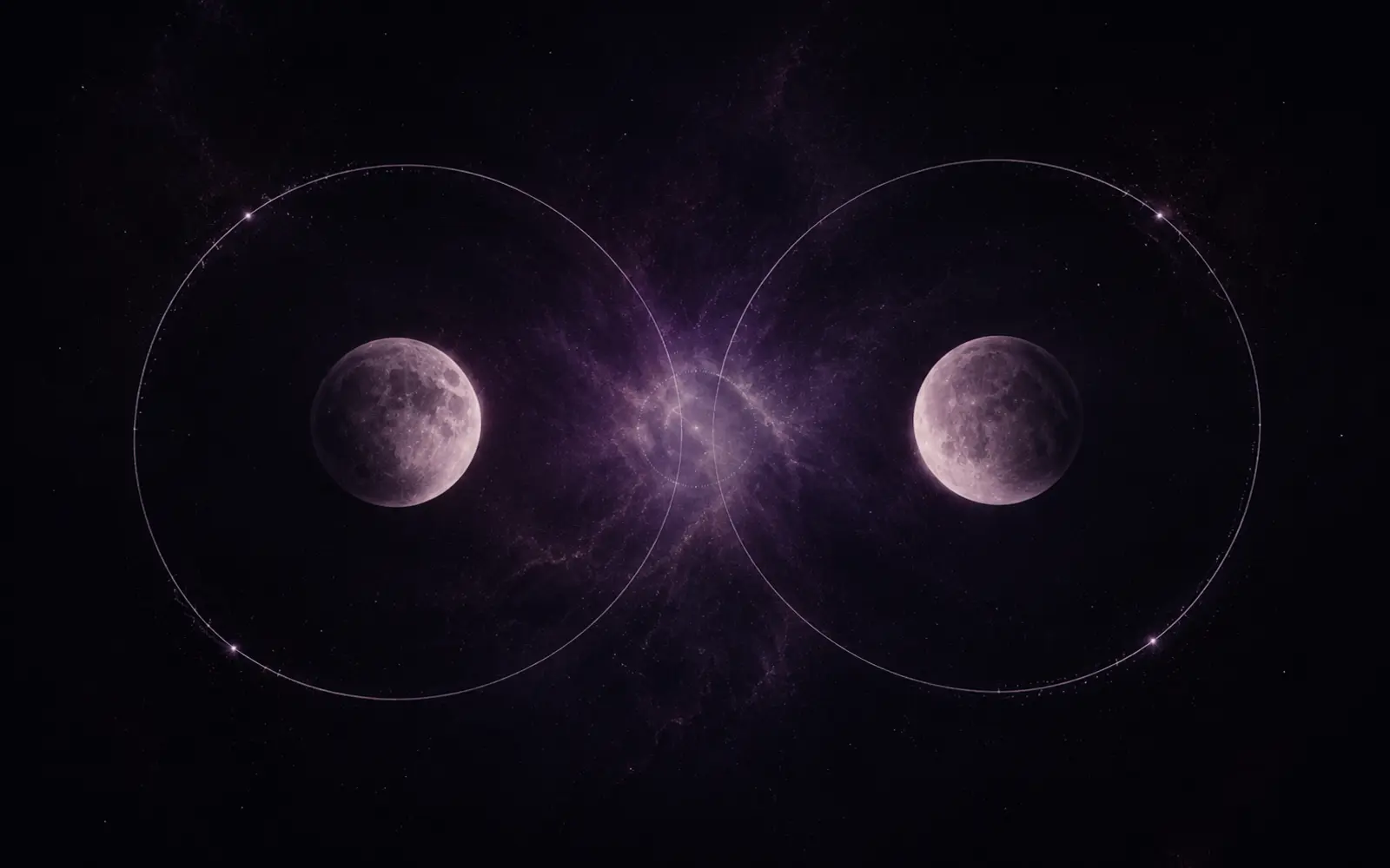 Two violet moons linked by a luminous infinity-shaped orbit in a dark star field