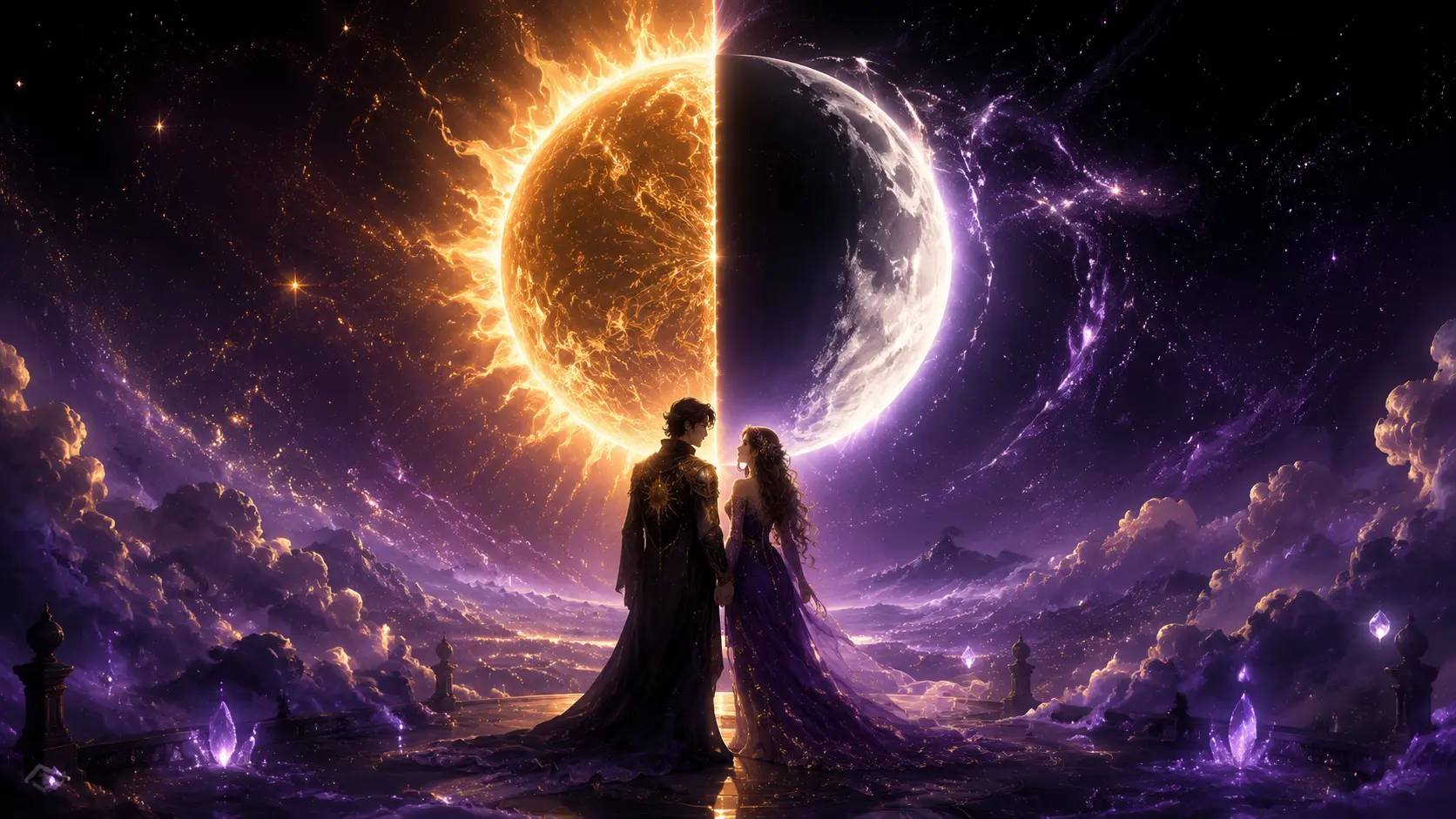 Two romantic fantasy figures beneath an immense glowing Sun and crescent Moon, surrounded by gold and amethyst sparks