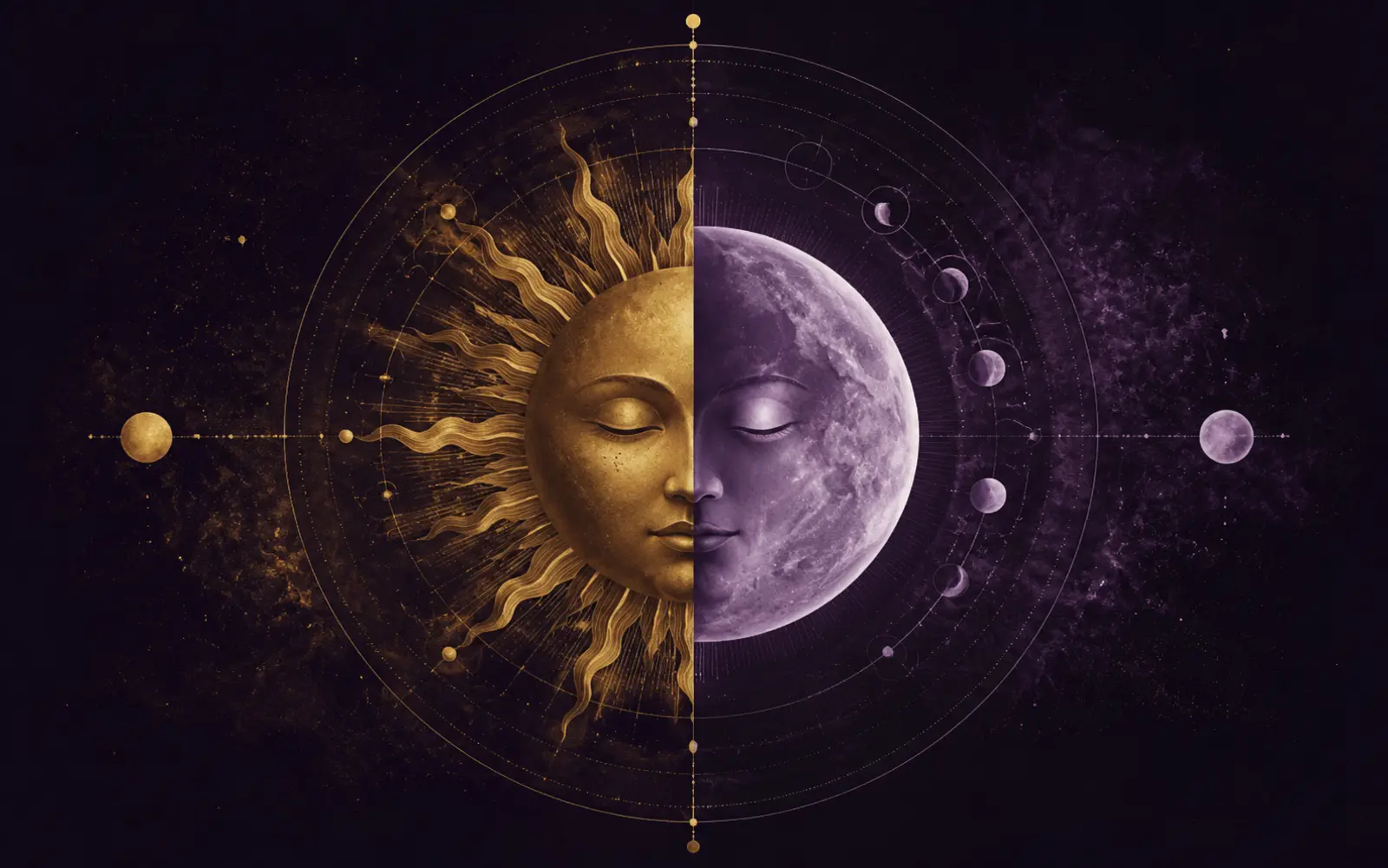 A stylized violet sun and moon aligned across a dark celestial horizon