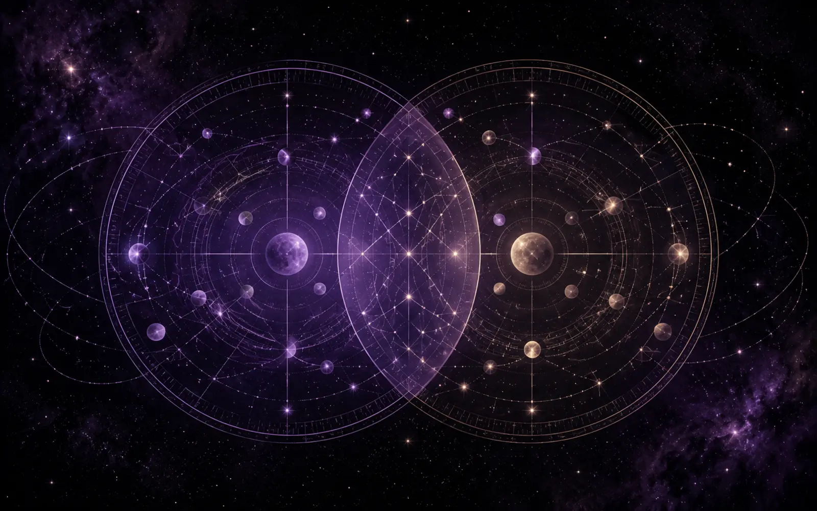 Two translucent violet birth-chart wheels overlapping in a dark celestial sky