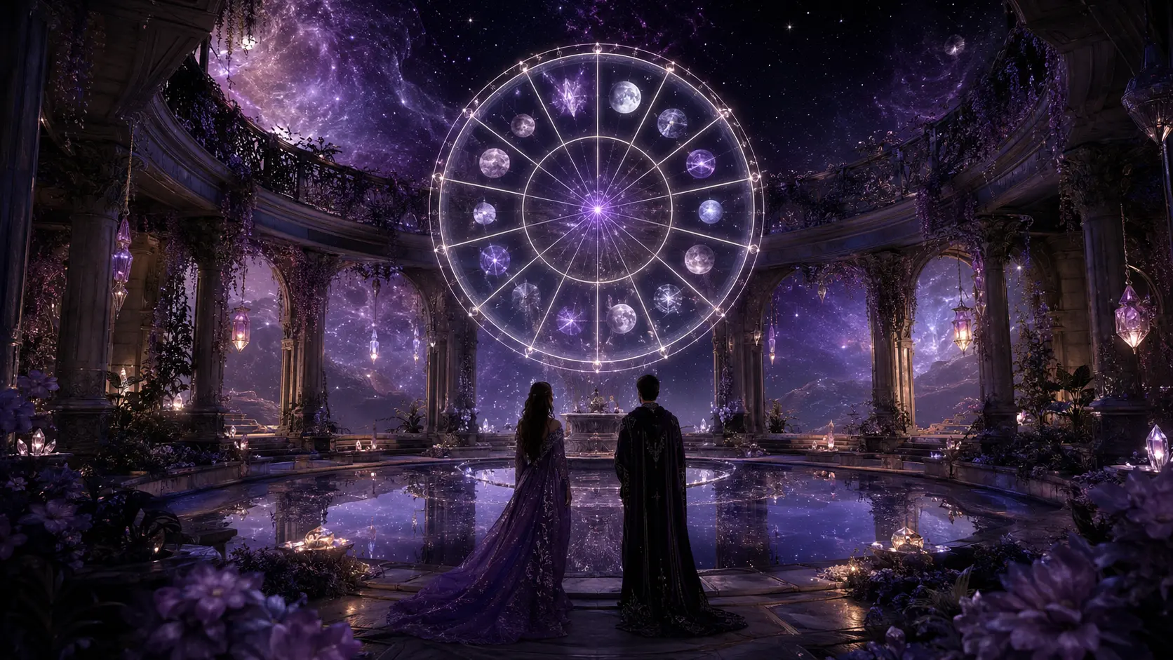 Two cloaked fantasy figures in a moonlit violet temple, looking toward a giant twelve-sector celestial wheel with crystals and glittering stars