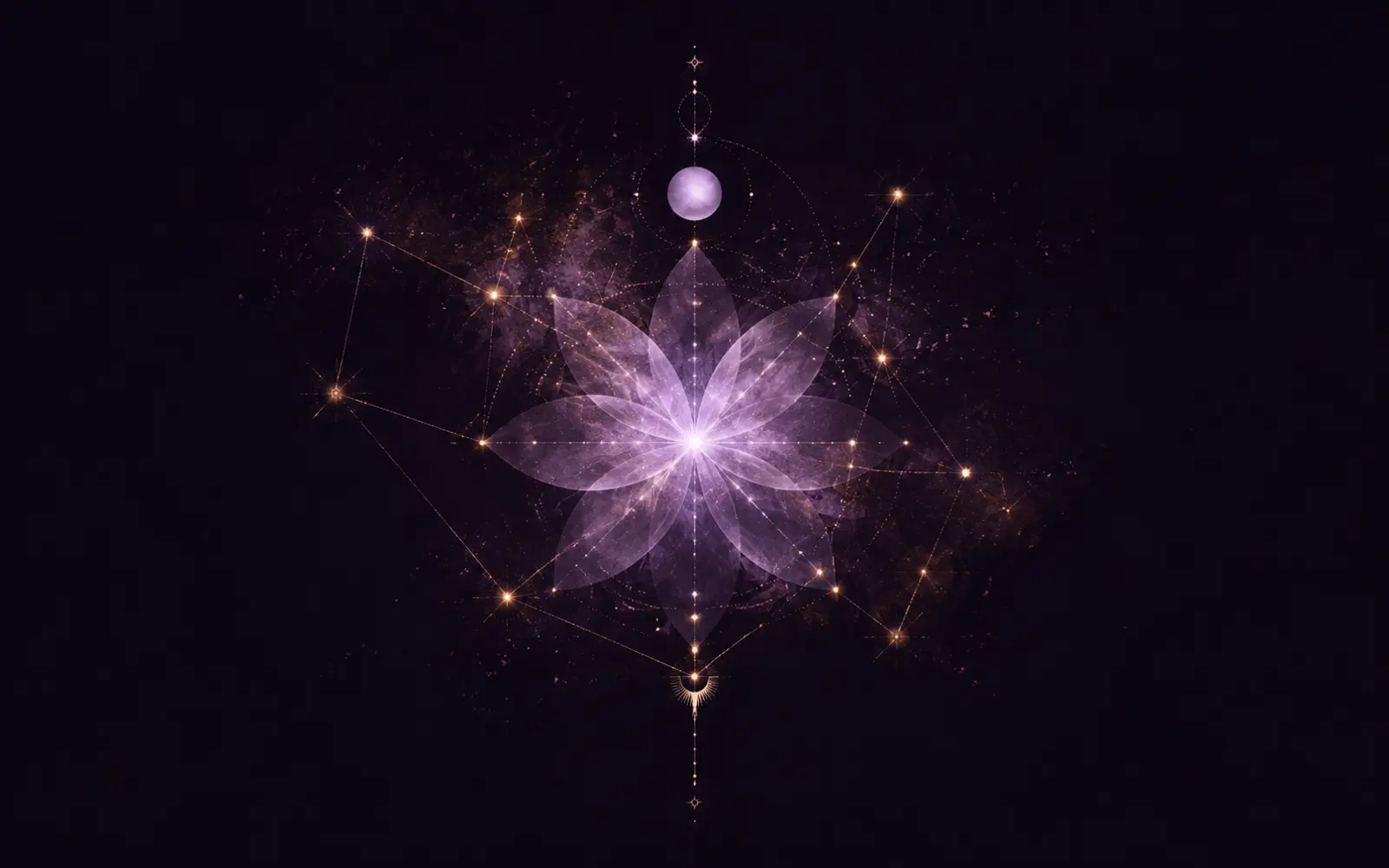 A violet Venus-like planet and delicate botanical constellation details in a dark sky