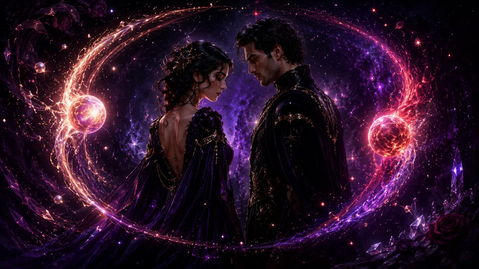 Two elegant adult fantasy lovers in dark velvet beneath glowing Venus and Mars orbits, with crimson and violet stardust sparkling around them