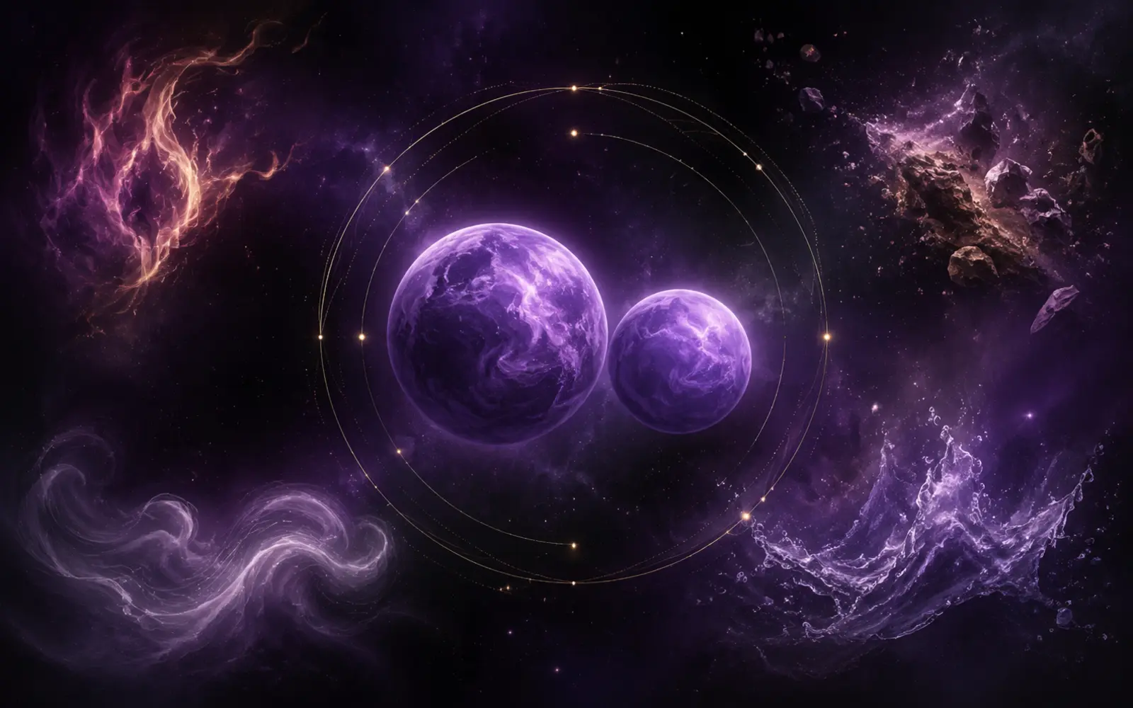 Two violet planets and four delicate constellation forms orbiting in a midnight star field