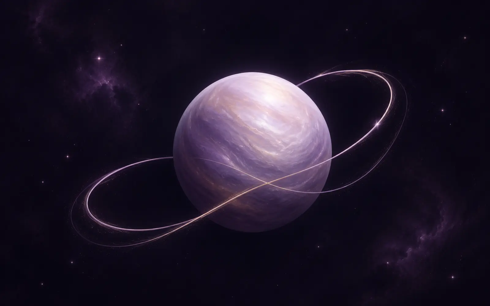 Two glowing violet planets held in a graceful celestial orbit against a dark sky