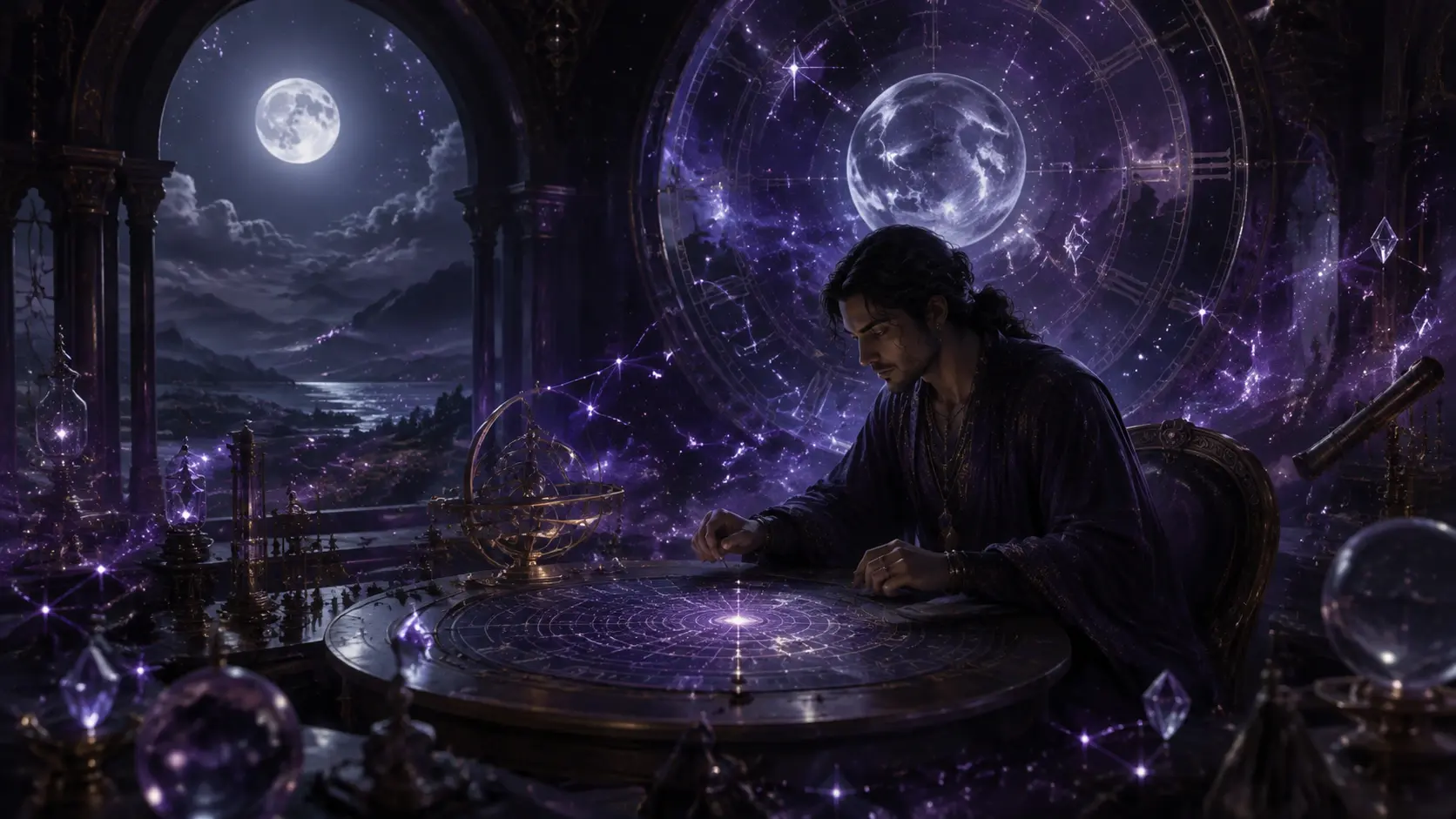 A purple-robed mystic at an ornate observatory desk, surrounded by a clock, crystal spheres, moonlight, and glittering constellations