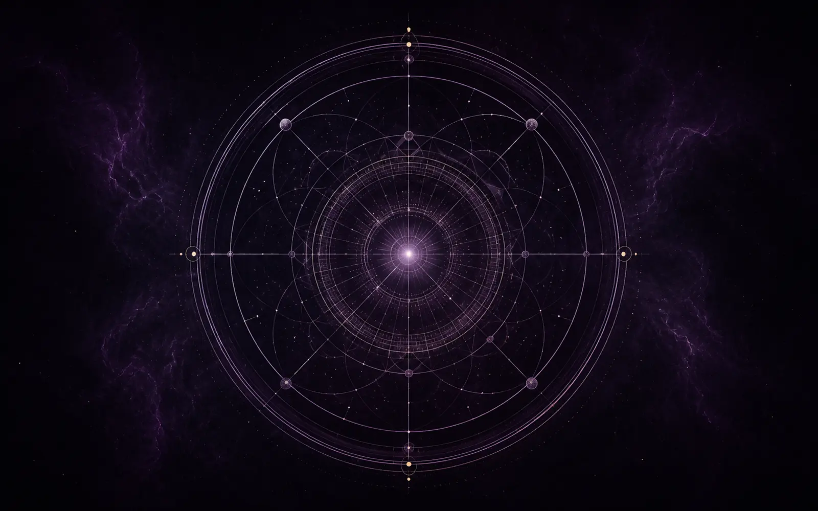 A violet Western astrology birth-chart wheel glowing against a dark celestial background