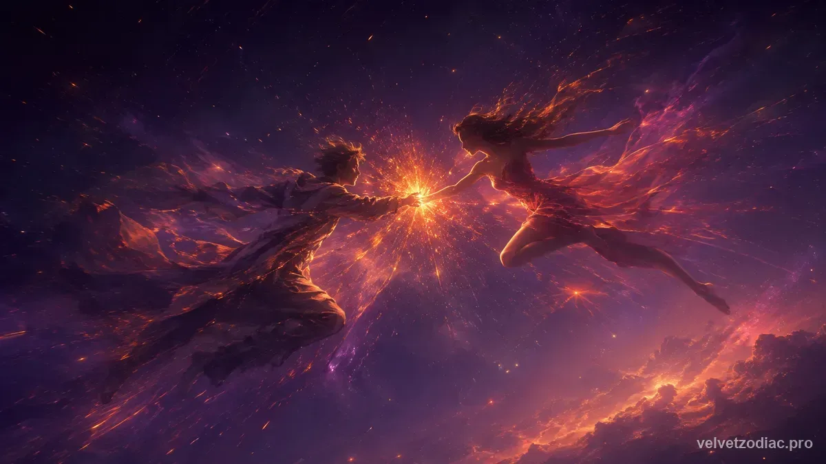 Mars in Aries drive, assertion, and conflict illustration in Velvet Zodiac's violet celestial style