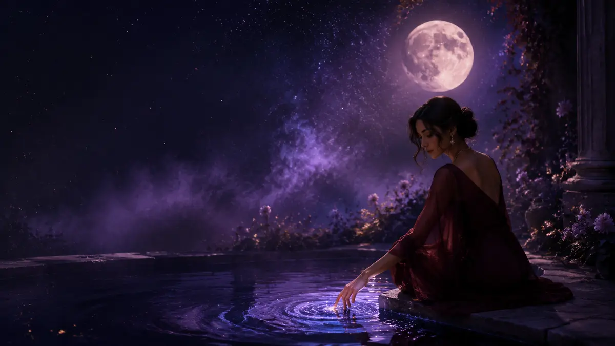 Moon in Scorpio emotional needs illustration in Velvet Zodiac's violet celestial style