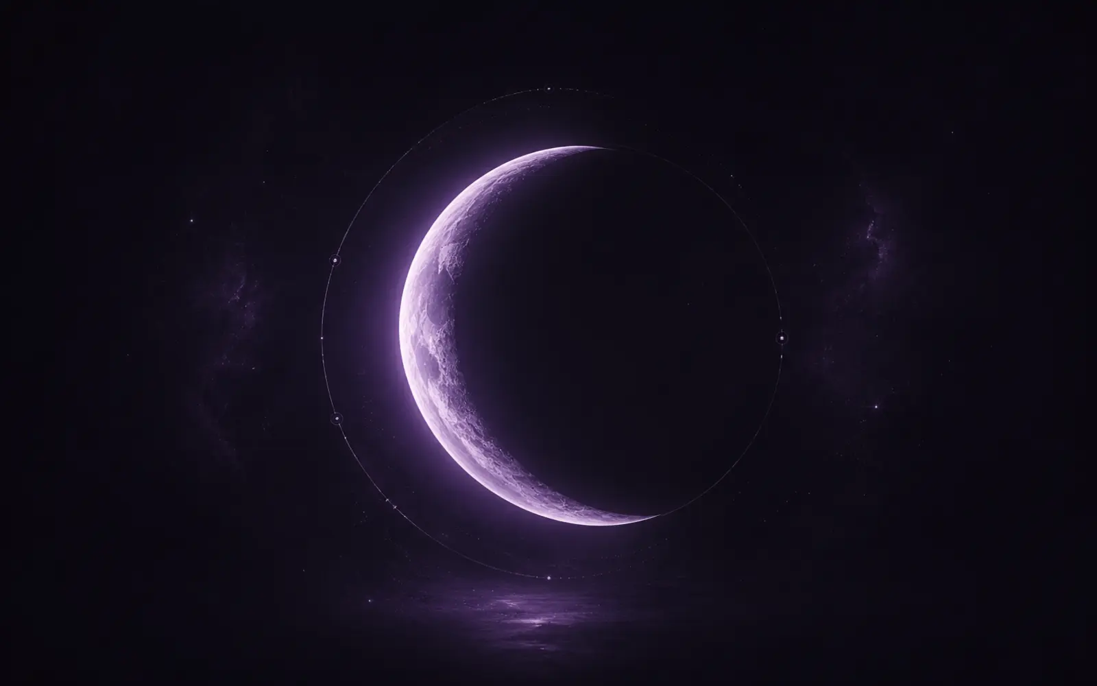 A luminous violet moon surrounded by soft celestial clouds