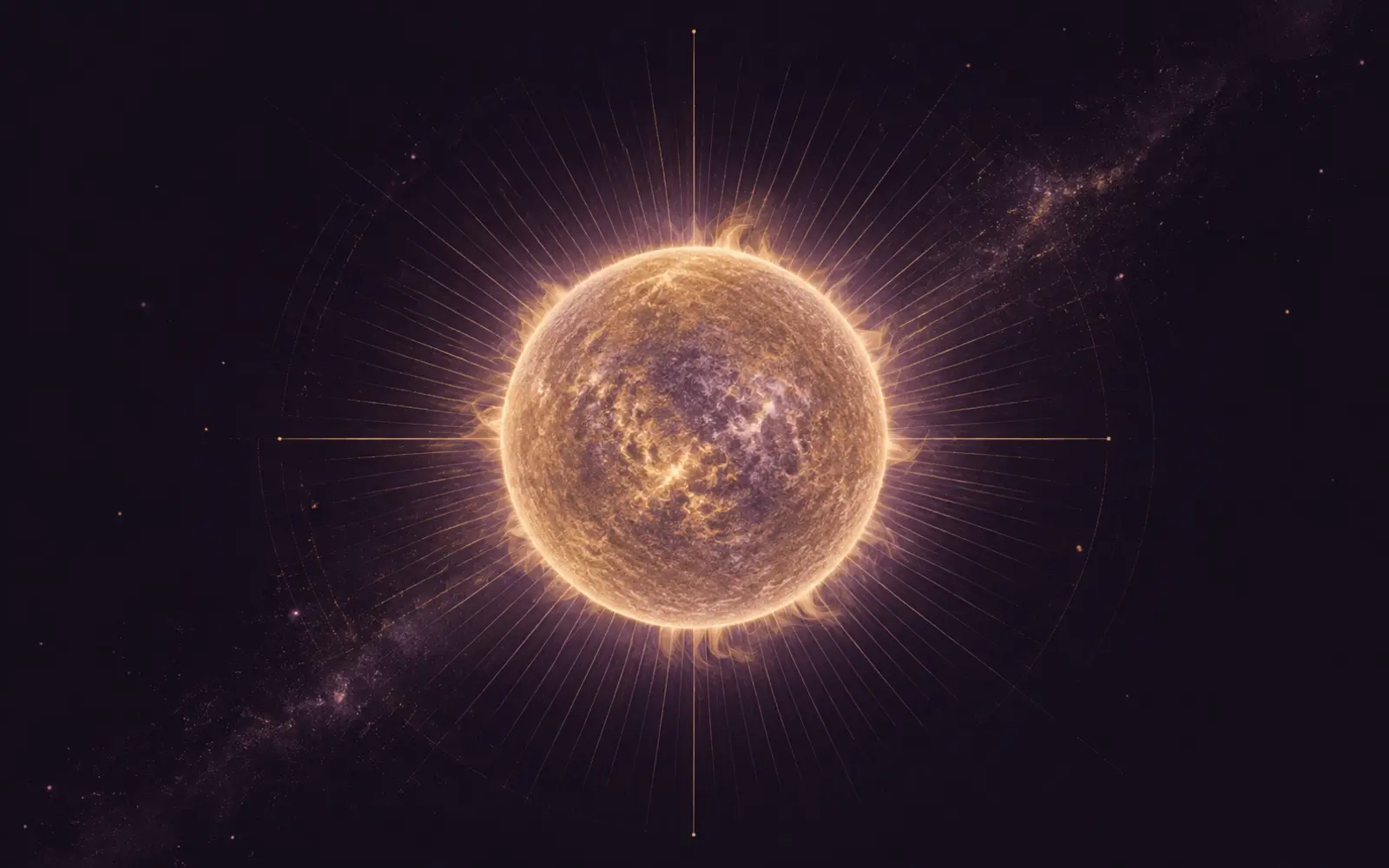 A radiant violet sun above a dark celestial horizon