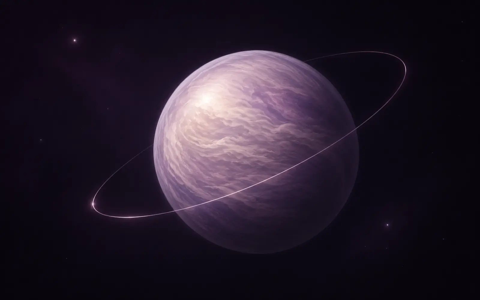 A glowing violet Venus-like planet in a romantic celestial orbit